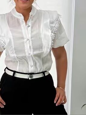 White Lace Trim Button-Up Blouse